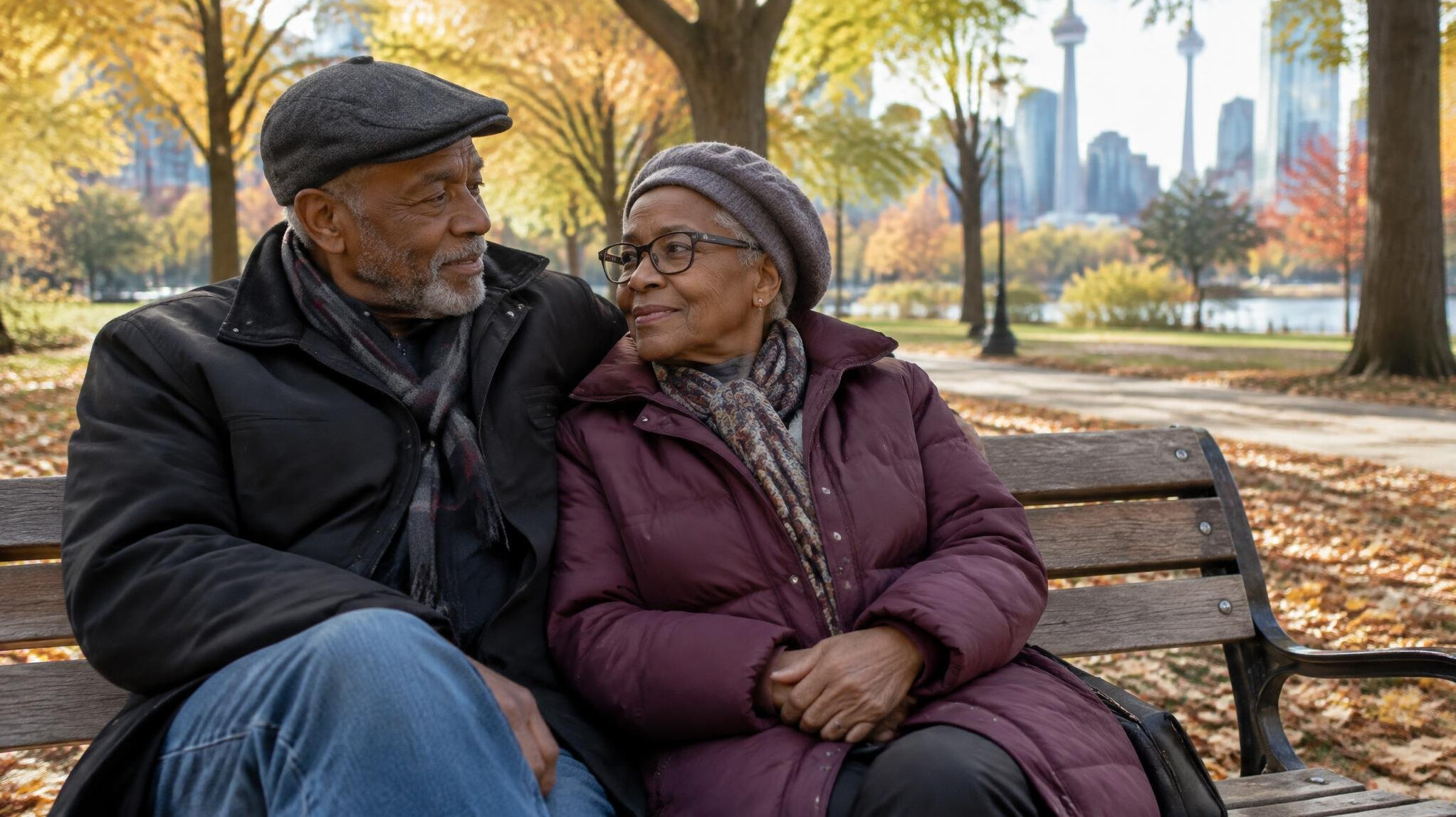 An elderly couple sitting together on a park bench in a city park