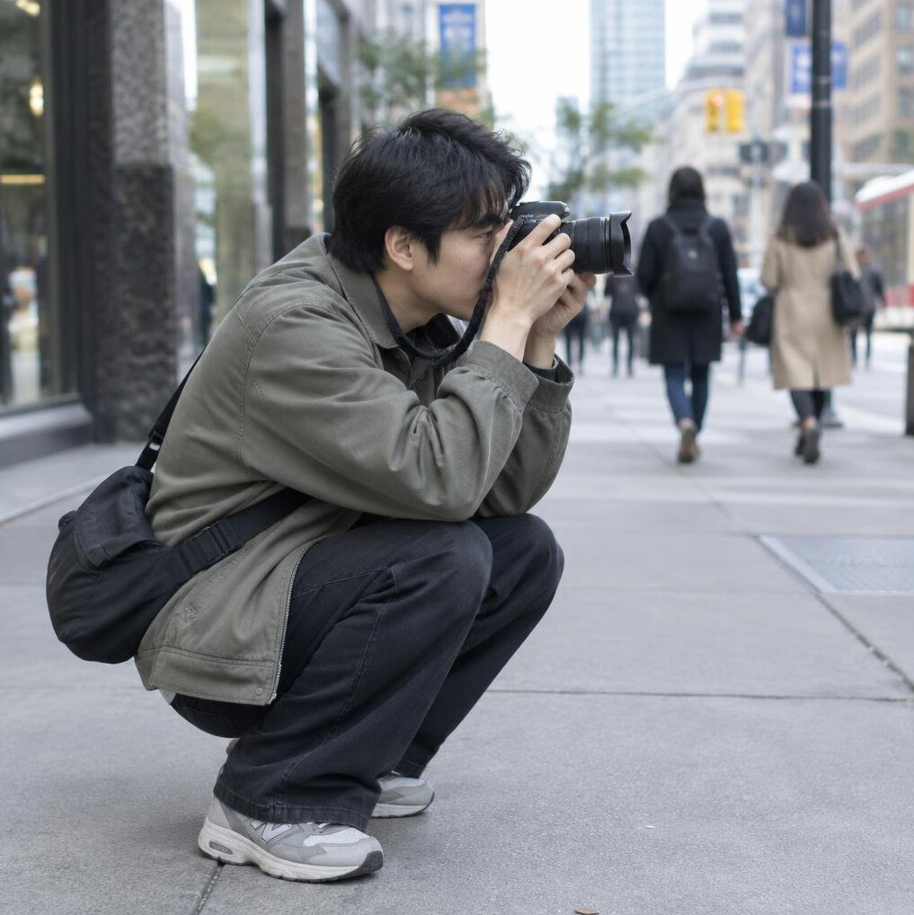 A photographer crouched down photographing daily life on a city sidewalk