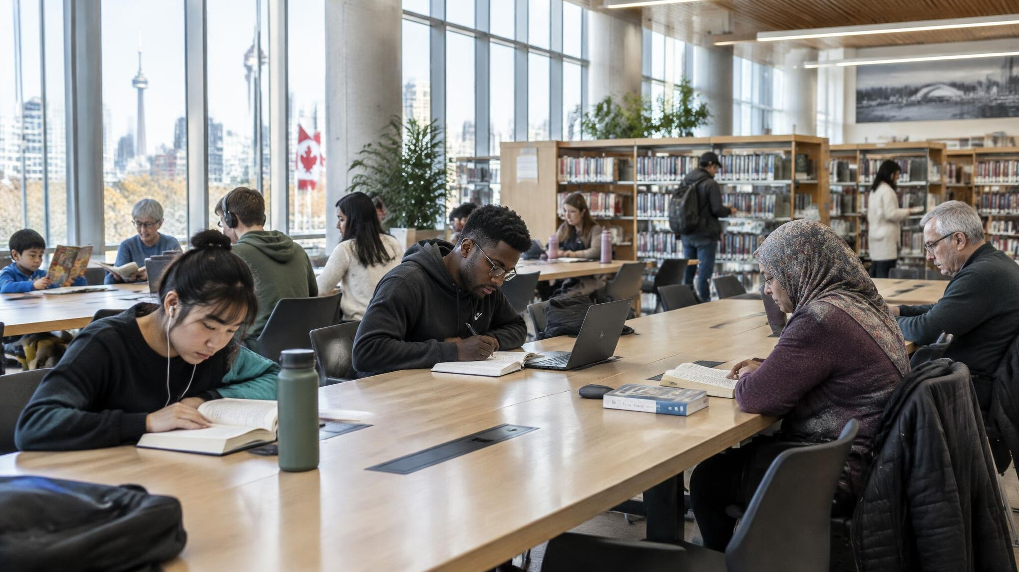 Visitors reading and studying inside a public city library