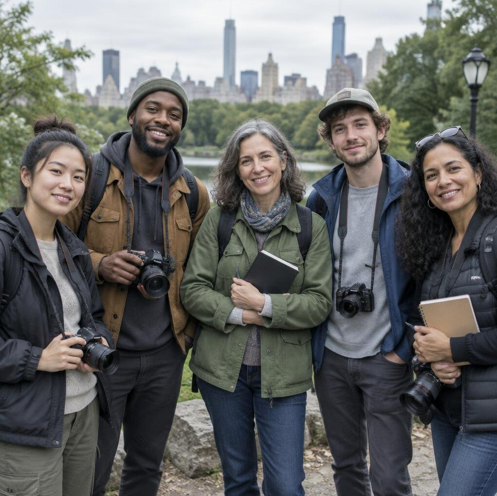 A diverse group of contributing photographers standing together outdoors