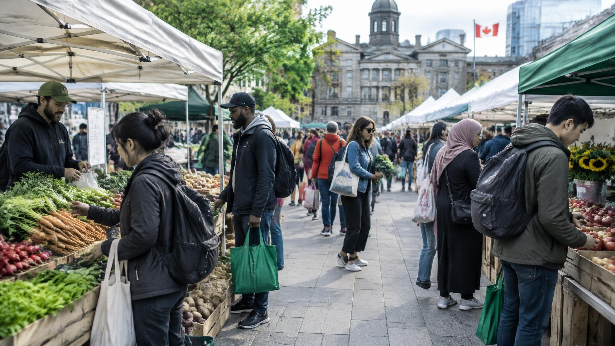 Shoppers browsing stalls at an outdoor farmers market in a city square