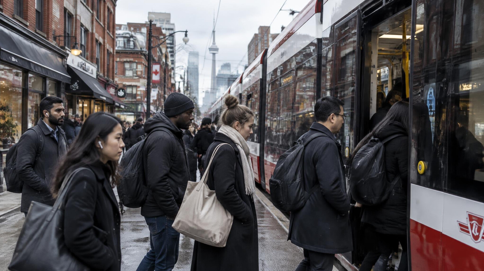 Commuters boarding a streetcar on a city street